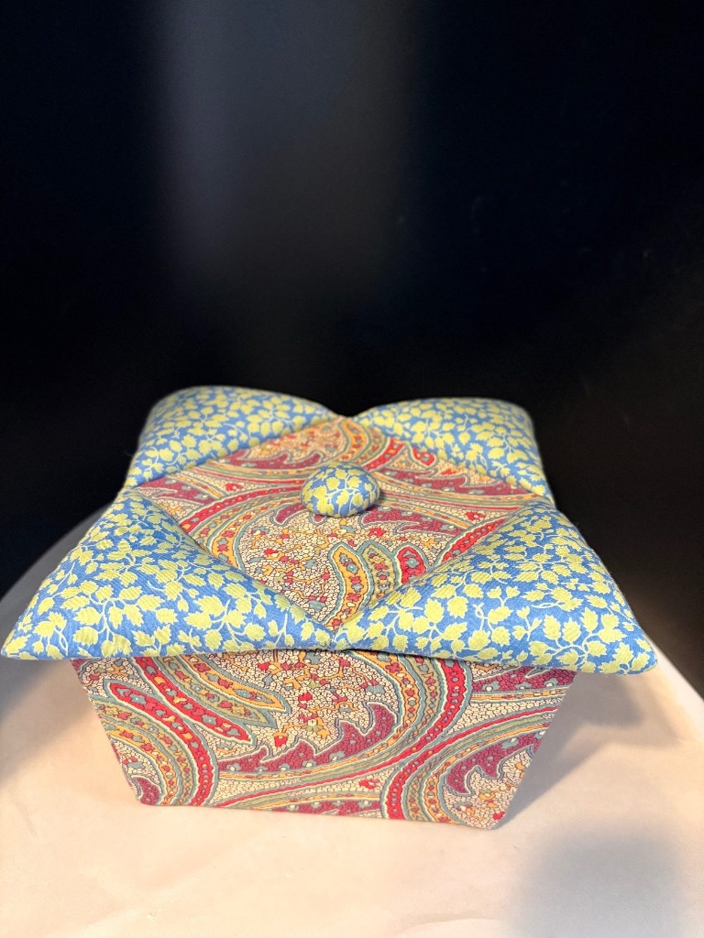 Vintage Tapestry Fabric Covered Padded Keepsake Box Paisley w Foliage Print Lid